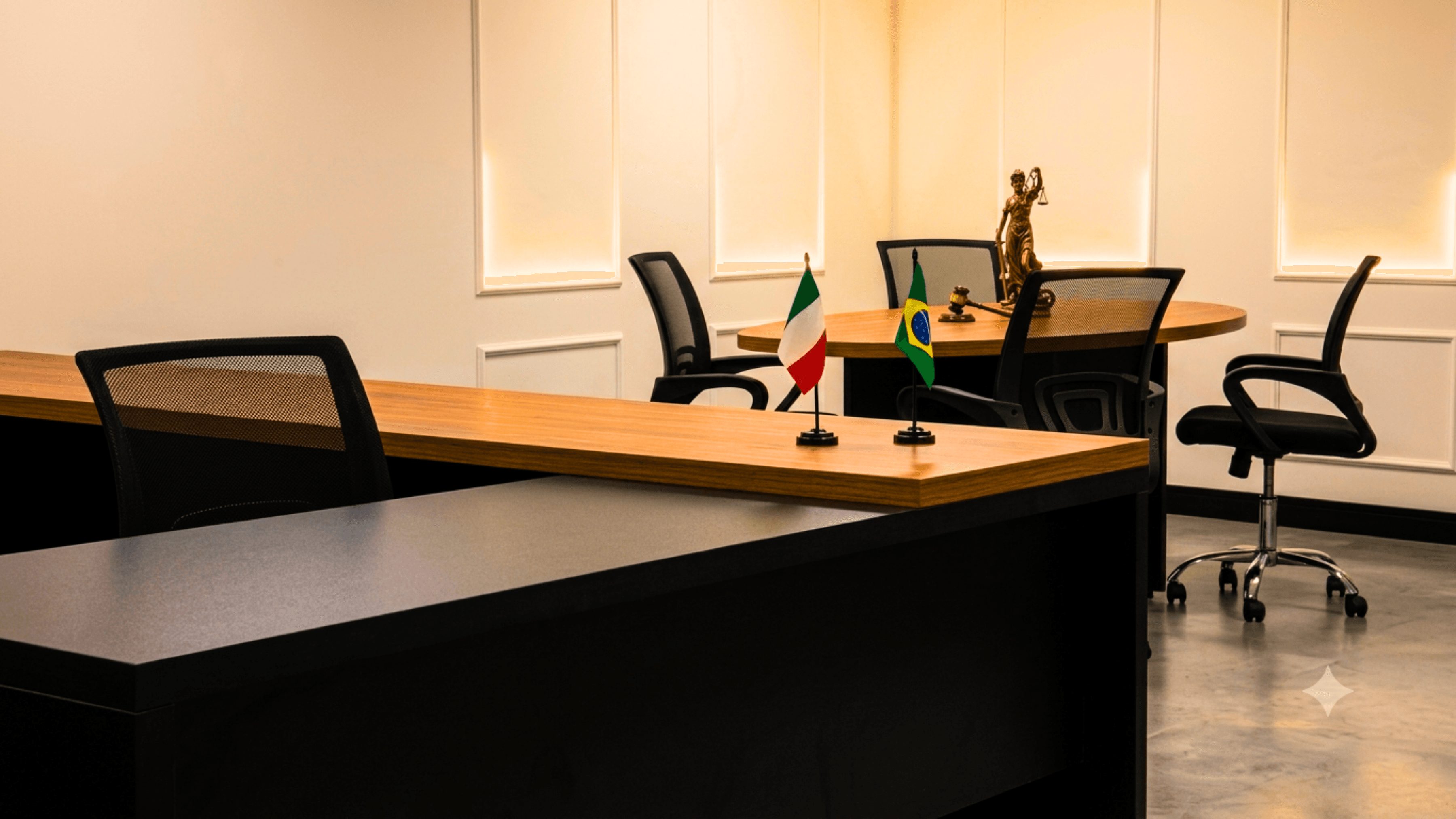 Sala de reuniões com mesa redonda e ambientação jurídica